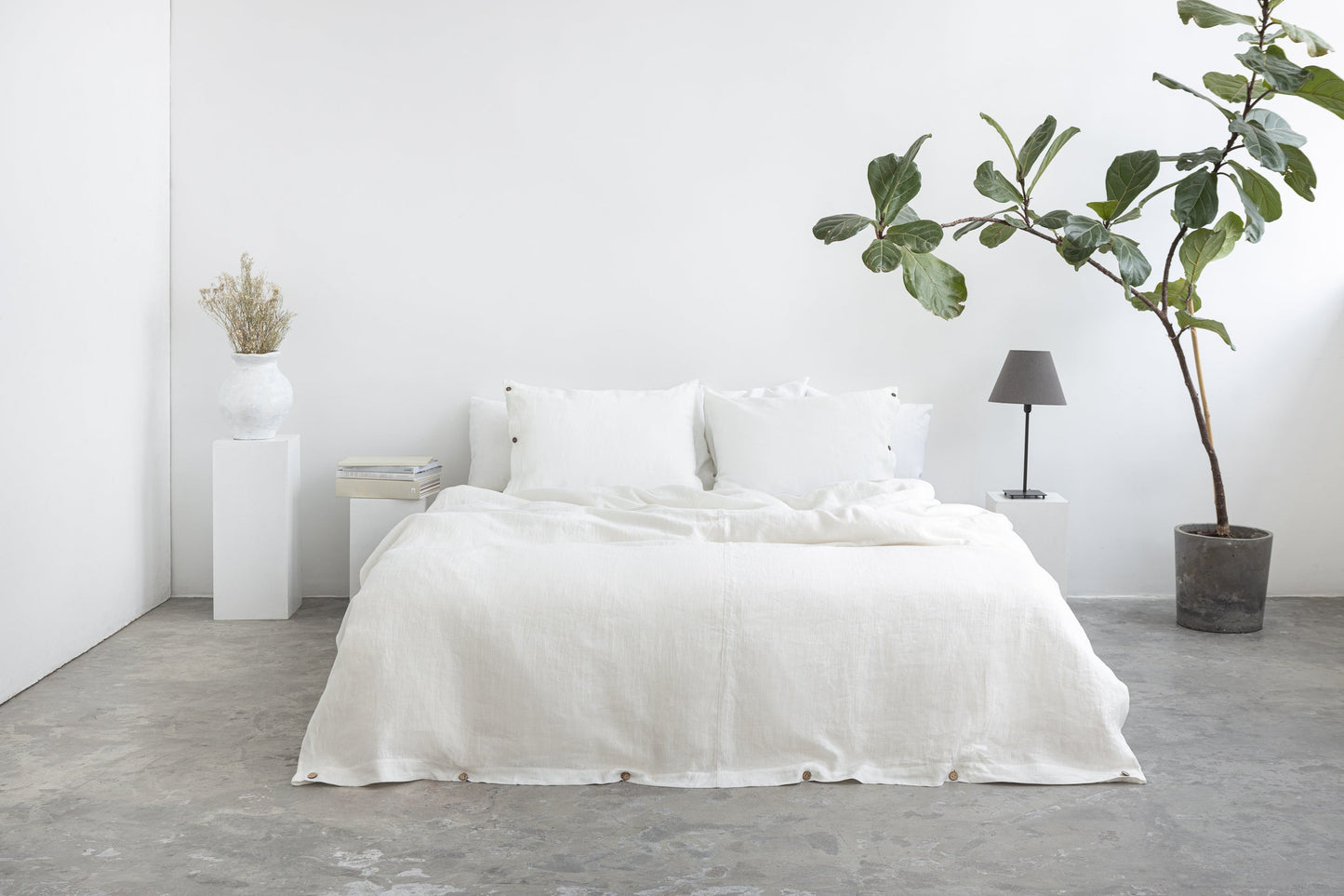 White linen duvet cover with coconut buttons